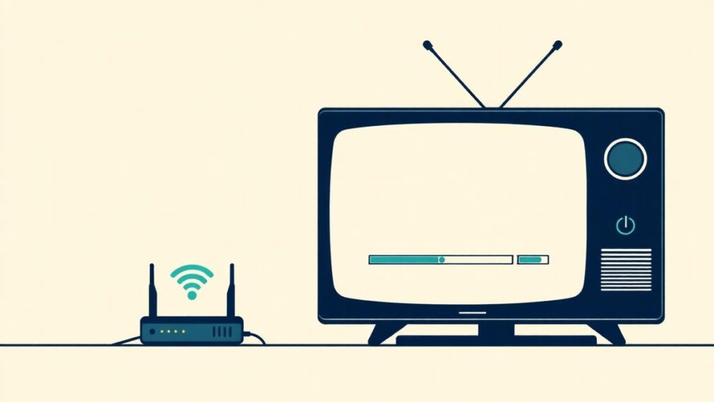 Television showing a buffering spinner over a live channel with a router in the foreground